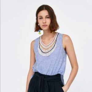 Zara Blue and White Striped Tank Top with Lace & Embroidery
